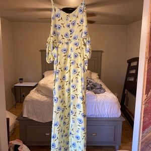 Long floral off the shoulder dress.